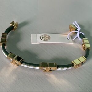 Tory Burch Gold single Ts plaid white & Green leather wrap Bracelet